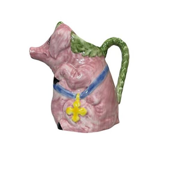 Other - Costa Italy Pink‎ Pig Pitcher Hand Painted Blue Ribbon 8.5" For William Sonoma